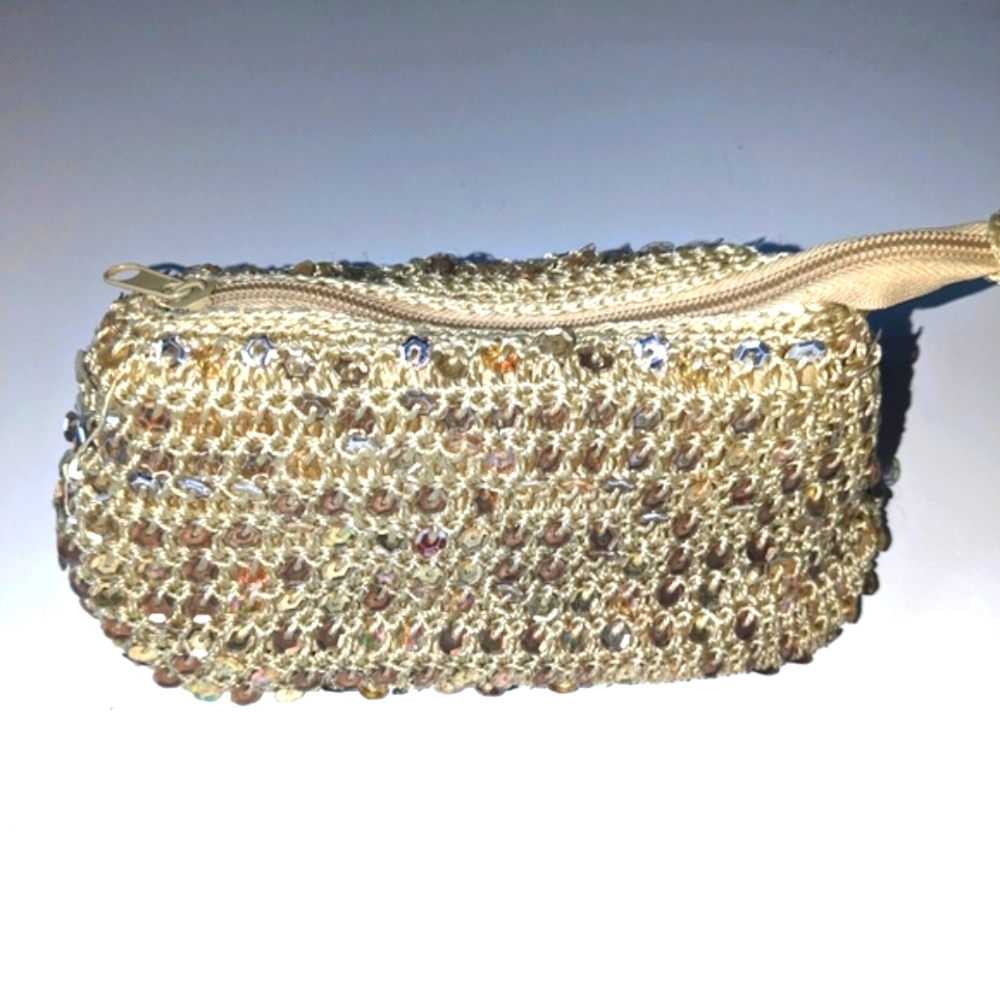 Frankie & Johnnie Crochet Vintage  Clutch/Makeup Pouch Gold, Silver Sequins